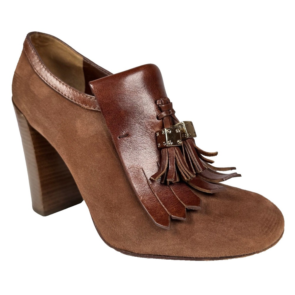 Tory Burch Arelia Brown Suede Leather Kiltie Pump Stacked Heels Tassels Sz 9.5 M